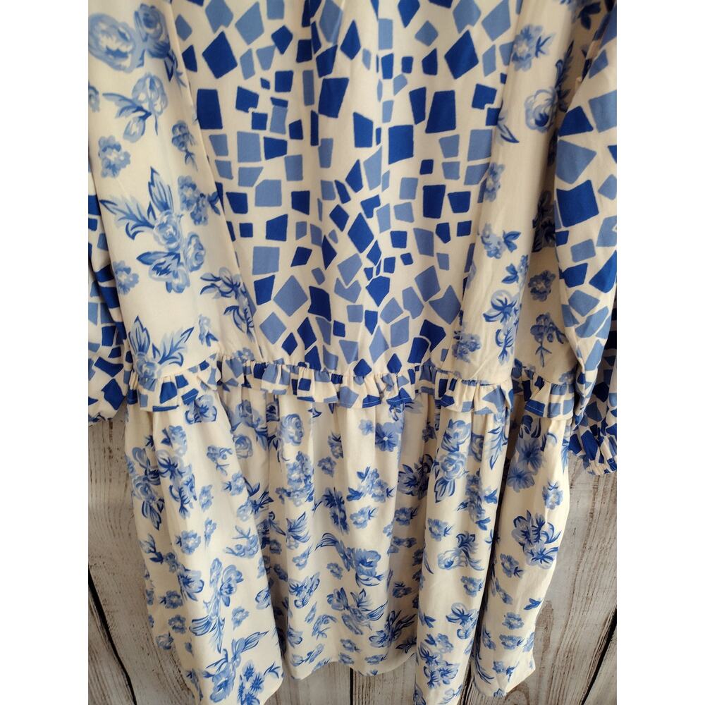 Tolani Collection Blue & White Geometric-Print Ruffle Trim Flowy Babydoll Dress - Picture 7 of 13